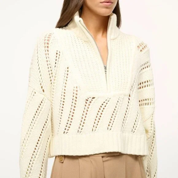 Staud Ivory Hampton Half Zip Cropped Sweater NWT XL Cotton Knit - Picture 2 of 10